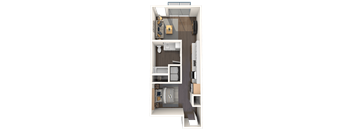 a 3d rendering of a bedroom with a bathroom and a living room