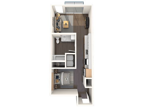 a 3d rendering of a bedroom with a bathroom and a living room