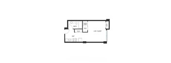A floor plan of a small apartment with a living room, bedroom, and bathroom.