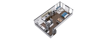 A 3D rendering of a modern, minimalist living room and kitchen area.