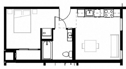 a room with a bed and a sink in it