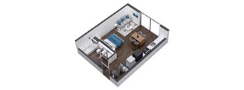 A 3D rendered image of a modern, minimalist living room.