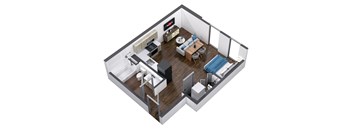 A 3D image of a small apartment with a kitchen, living room, and bedroom.