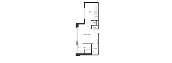 A floor plan of a small apartment with a living room, bedroom, and bathroom.
