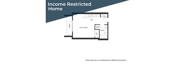 A floor plan of an income restricted home with a living room, kitchen, bathroom, and bedroom.