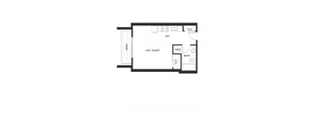 A floor plan of a small apartment with a living/sleeping area, bathroom, and kitchen.