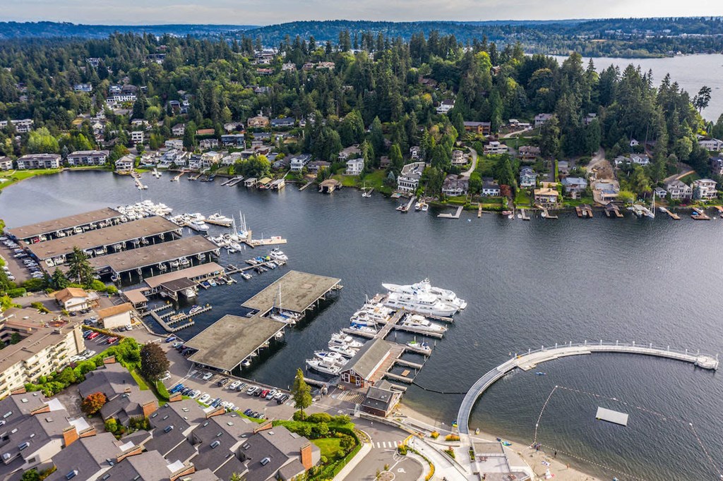 a aerial view of a marina with boats and a body of water
