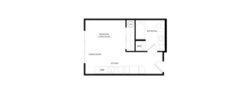 A floor plan of a home with a bedroom/living room, dining room, kitchen, and bathroom.