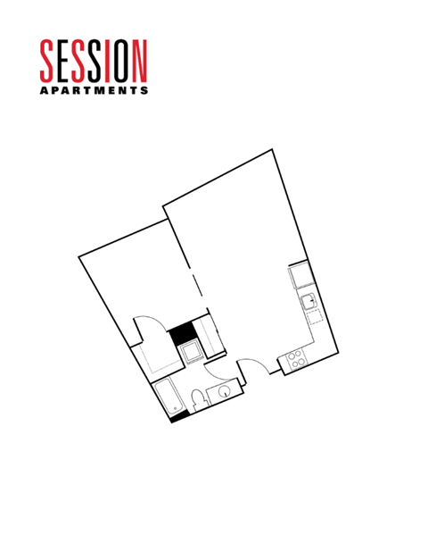 A black and white image of a floor plan for Session Apartments.