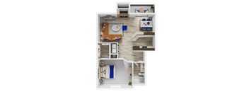 A top-down view of a house layout with a kitchen, living room, and bedrooms.