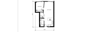 A floor plan of a room with dimensions and furniture layout.