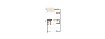 A floor plan of a house with two bedrooms, a living room, a dining room, a kitchen, a bathroom, and a deck/patio.