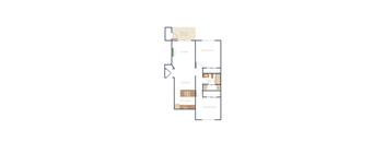 A floor plan of a house with a kitchen, two bedrooms, a bathroom, a living room and a dining room.