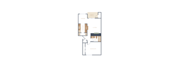 A floor plan of a house with a deck/patio, dining area, kitchen, living room, bathroom, and bedroom.
