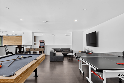 A room with a pool table and a couch.