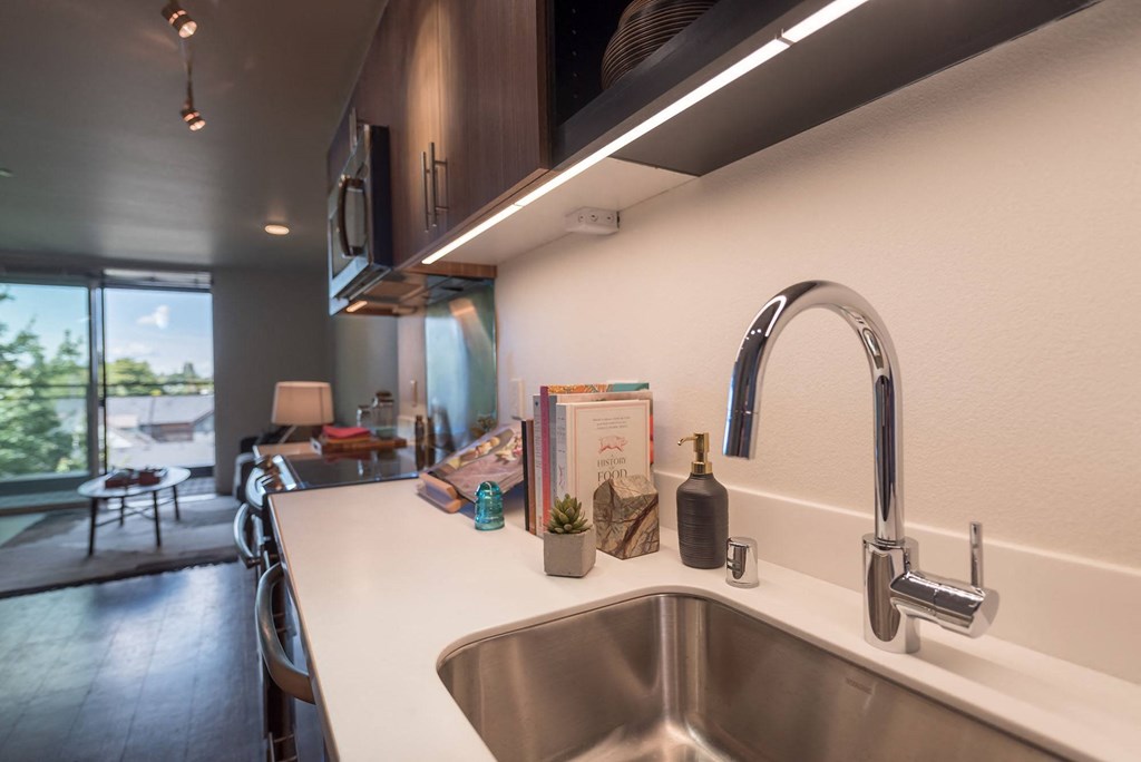a kitchen with a sink and a counter top