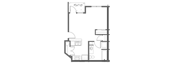 a floor plan of a small room with a bedroom and a bathroom
