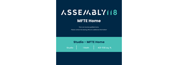 A blue and black flyer for MFTE Home, an income qualified home, with contact information for the studio.