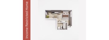 A floor plan of an apartment with a kitchen, living room, and two bedrooms.