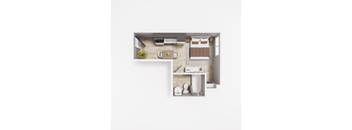 A top-down view of a modern bedroom with a bed, nightstand, and a small plant.