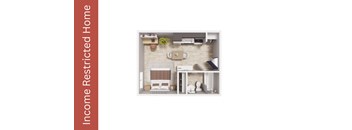 A small, neatly organized apartment with a kitchen, living room, and bathroom.