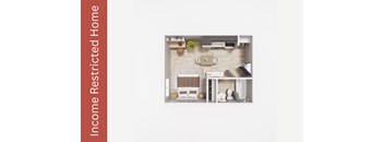 A top-down view of a modern kitchen and living room.