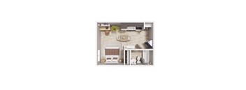 A top down view of a small apartment with a kitchen, living room, and bathroom.