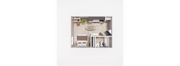 A top-down view of a bedroom with a bed, desk, and chair.
