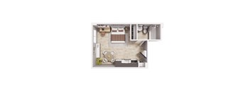 A top-down view of a small apartment with a bed, a desk, and a kitchenette.