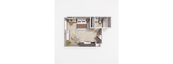 A top-down view of a modern kitchen and living room.