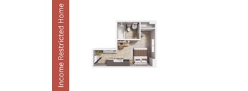 A small apartment layout with a kitchen, living room and bathroom.