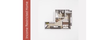 A small, modern apartment with a kitchen, living room, and bathroom.
