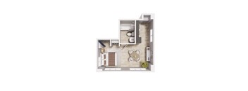 A top-down view of a house layout with a kitchen, living room, and bathroom.