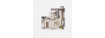 A top-down view of a small apartment with a kitchen, living room, and bathroom.