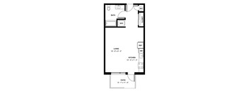 A floor plan of a small apartment with a bathroom, kitchen, living room, and patio.