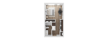 a stylized floor plan of a small apartment with a bedroom and a living room