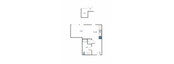 A floor plan of a living space with a kitchen and bathroom.