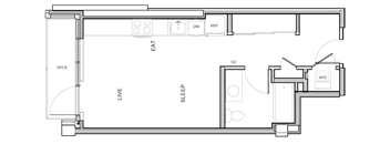 A floor plan of a house with a deck, live area, sleeping area, and a workspace.