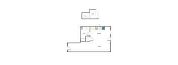 A floor plan of a living space with a kitchen and bathroom.