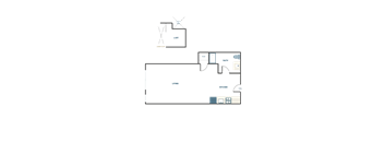 A floor plan of a living area with a kitchen, bathroom and loft.