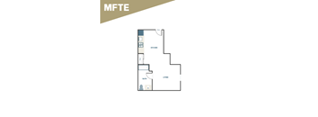 A floor plan of a living space with a kitchen, bathroom, and living room.