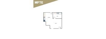A floor plan of a living space with a kitchen, bathroom, and living room.