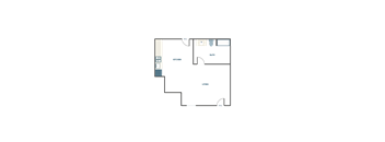 A floor plan of a living space with a kitchen, bathroom, and living room.