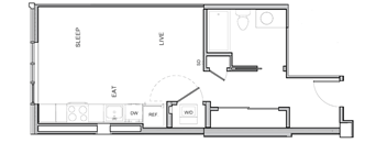 A floor plan of a small apartment with a living area, a sleeping area, a kitchen, and a bathroom.