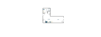 A floor plan of a house with a bathroom, kitchen, and living room.