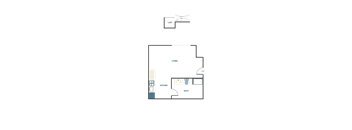 A floor plan of a living area with a kitchen and bath.