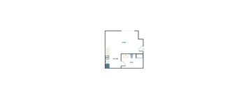 A floor plan of a room with a kitchen, bath, and living room.