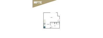 A floor plan of a house with a kitchen, bathroom, and living room.