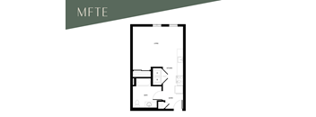 A floor plan of a small apartment with a kitchen, living room, and bathroom.