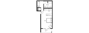 a floor plan of a small house with a bathroom and a kitchen